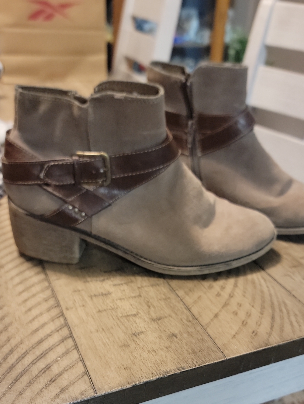 Sonoma Taupe Suede Ankle Boots with Brown Leather Strap